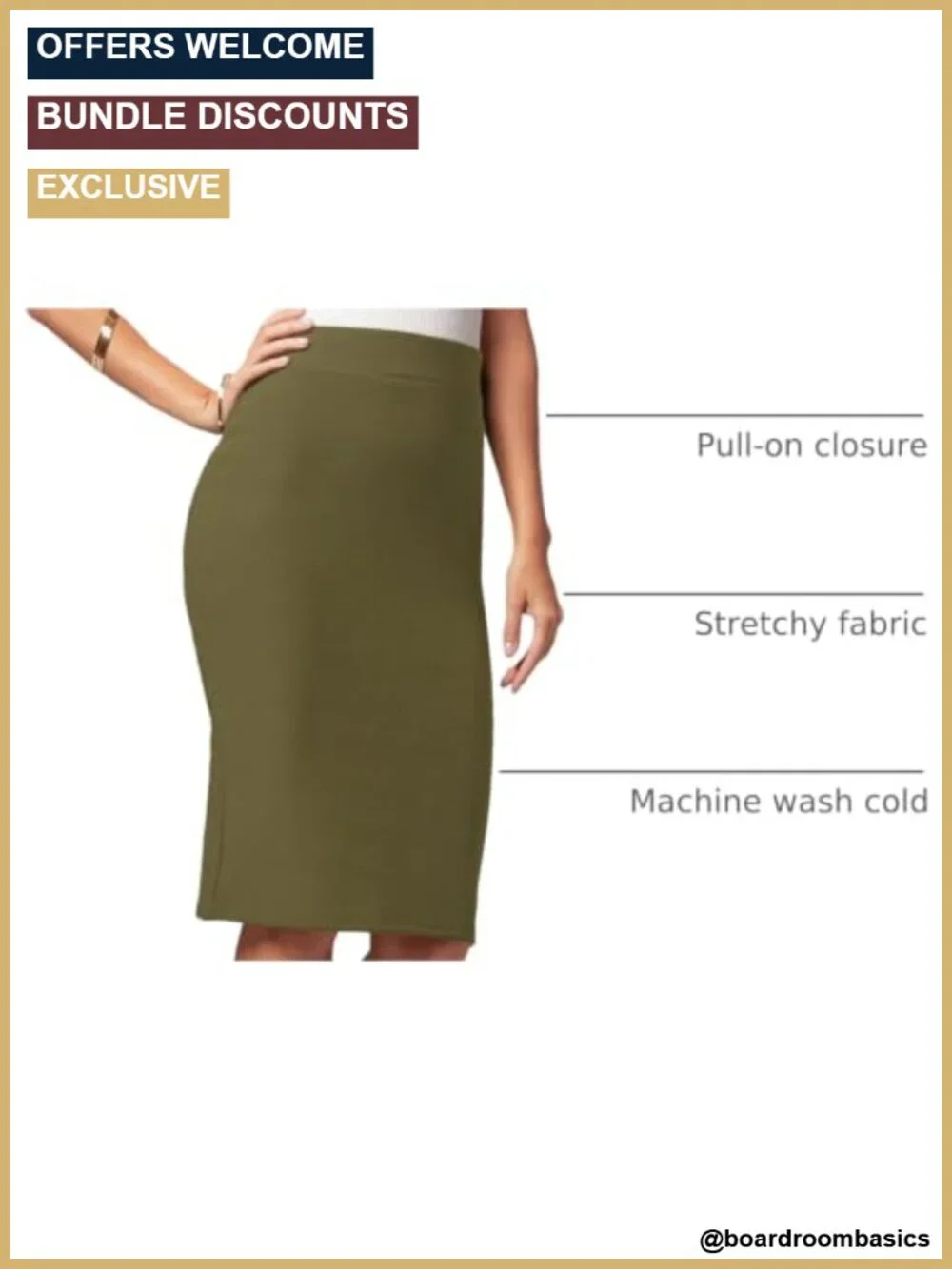 Stretch Pencil Skirt - Pull On Midi Length - Wear to Work - High Rise
